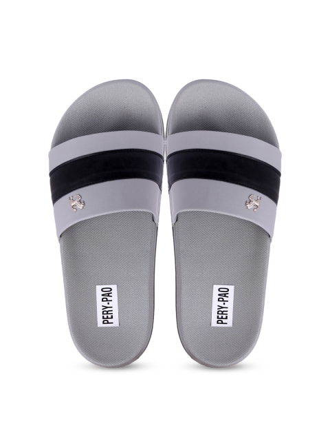

PERY PAO Men Grey & Black Striped Rubber Sliders