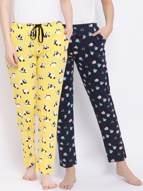 

Kanvin Women Pack Of 2 Printed Pure Cotton Lounge Pants, Navy blue