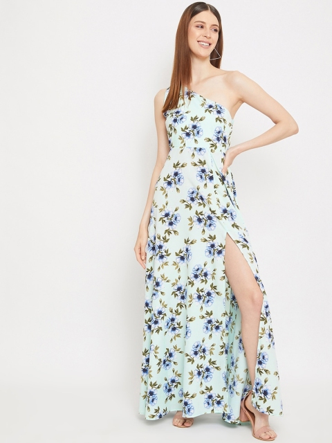 

Berrylush Women Mint Green Floral One Shoulder Crepe Maxi Dress