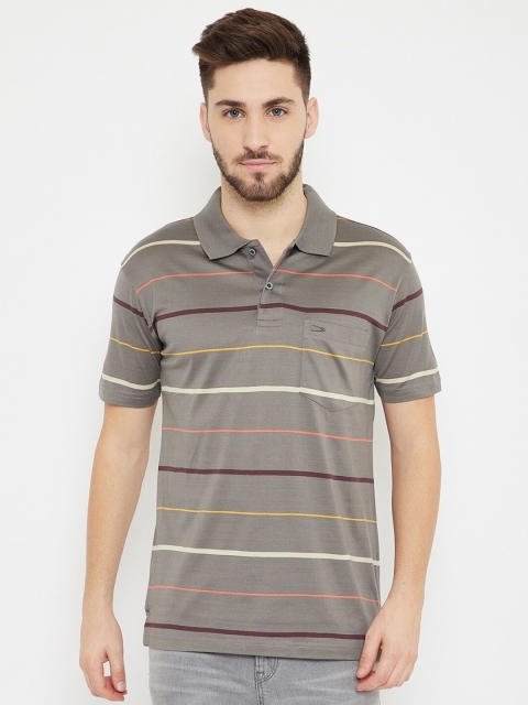 

Duke Men Grey & Maroon Striped Cotton Polo Collar T-shirt
