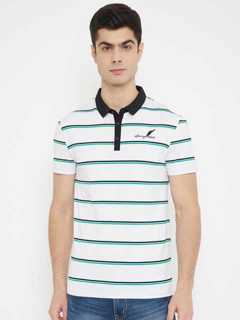 

Duke Men White & Black Striped Cotton Polo Collar T-shirt