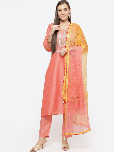

Biba Coral Pink & Gold-Toned Art Silk Unstitched Dress Material