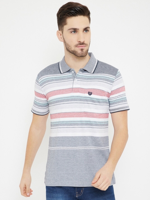 

Duke Men Navy Blue & White Striped Cotton Polo Collar T-shirt