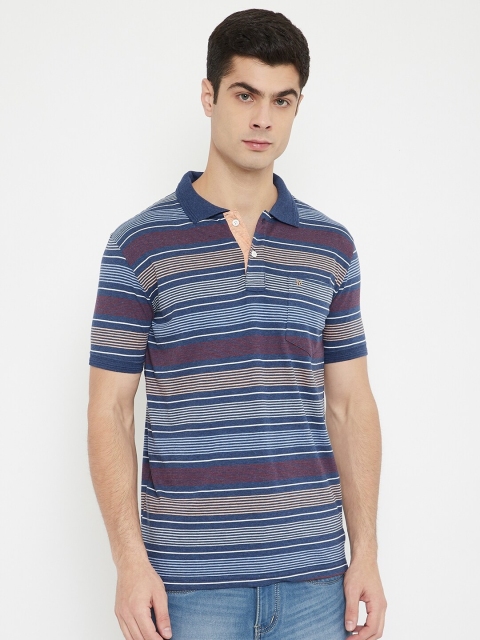 

Duke Men Teal Blue & White Striped Cotton Polo Collar T-shirt