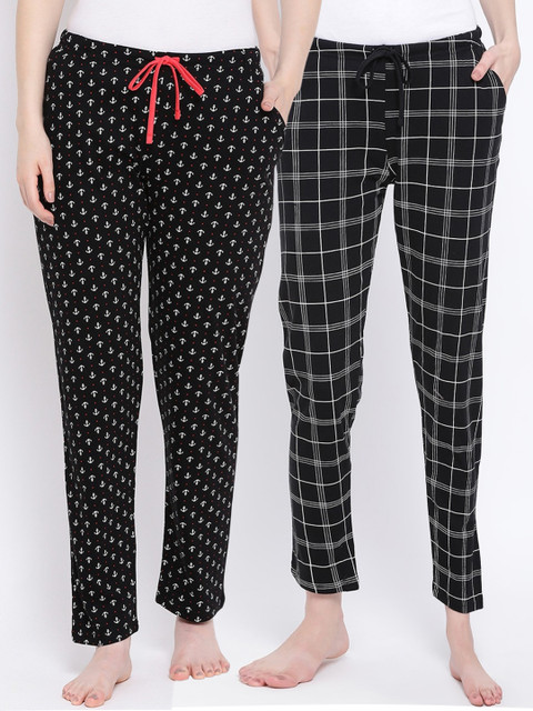 

Kanvin Women Pack Of 2 Printed Pure Cotton Lounge Pants, Black