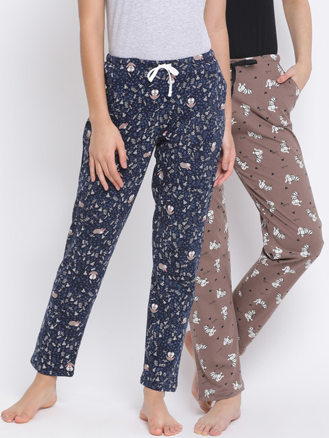 

Kanvin Women Pack Of 2 Printed Pure Cotton Lounge Pants, Taupe
