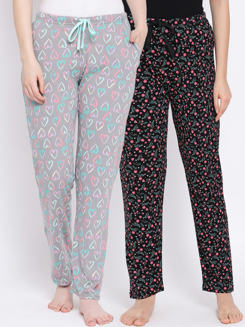

Kanvin Women Pack Of 2 Printed Pure Cotton Lounge Pants, Black
