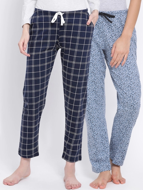 

Kanvin Women Pack of 2 Printed Pure Cotton Lounge Pants, Navy blue