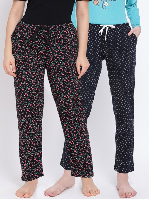 

Kanvin Women Pack of 2 Printed Pure Cotton Lounge Pants, Black