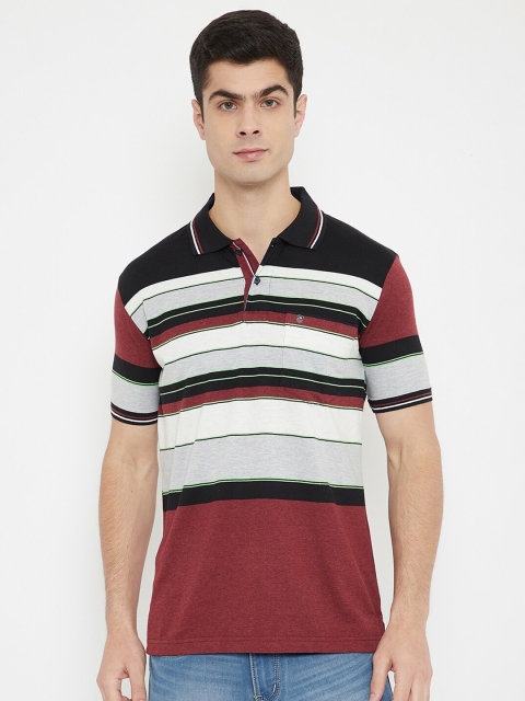 

Duke Men Burgundy & Grey Melange Striped Cotton Polo Collar T-shirt