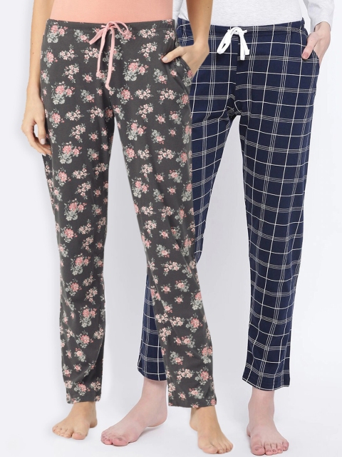 

Kanvin Women Pack of 2 Printed Pure Cotton Lounge Pants, Navy blue