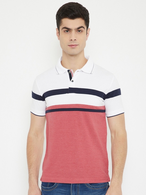 

Duke Men White & Pink Colourblocked Cotton Polo Collar T-shirt
