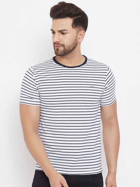 

Okane Men White & Navy Blue Striped Round Neck T-shirt