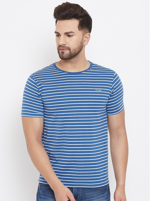 

Okane Men Navy Blue & White Striped Round Neck T-shirt