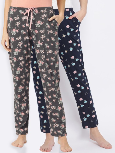 

Kanvin Women Pack Of 2 Printed Pure Cotton Lounge Pants, Navy blue