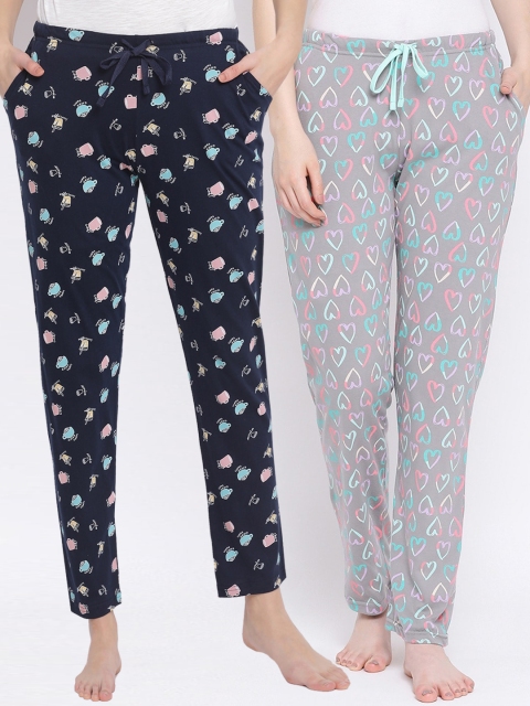 Kanvin Women Pack Of 2 Printed Pure Cotton Lounge Pants, Navy blue