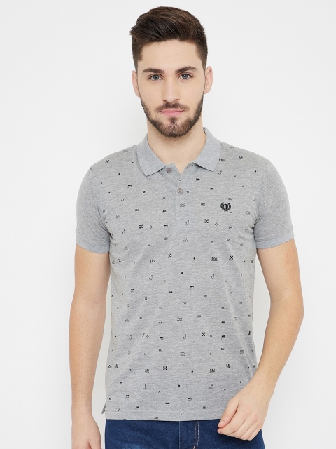 

Duke Men Grey Melange & Black Conversational Print Slim-Fit Cotton Polo Collar T-shirt