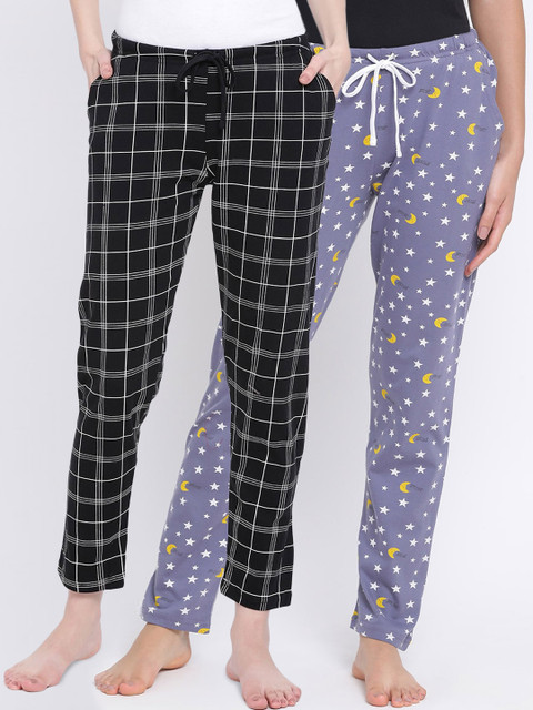 

Kanvin Women Pack Of 2 Printed Pure Cotton Lounge Pants, Black