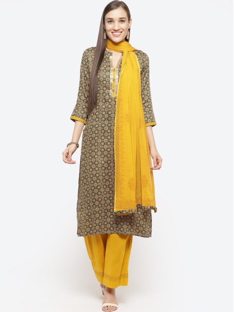 

Biba Yellow & Brown Satin Unstitched Dress Material