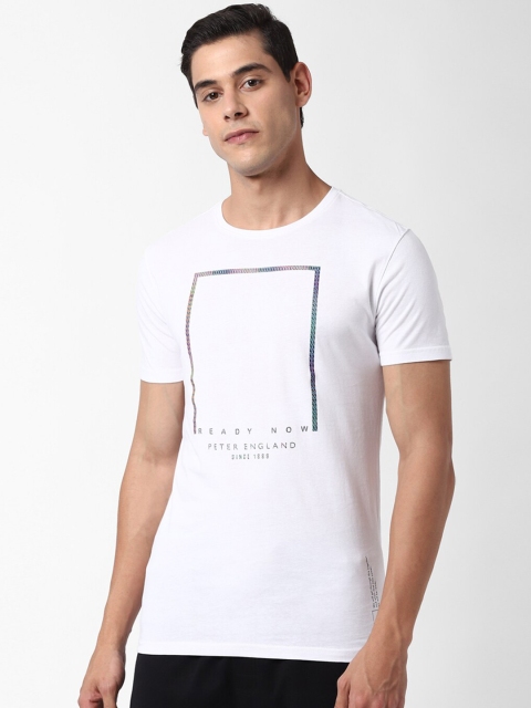 

Peter England Men White & Grey Typography Print Pure Cotton Round Neck T-shirt