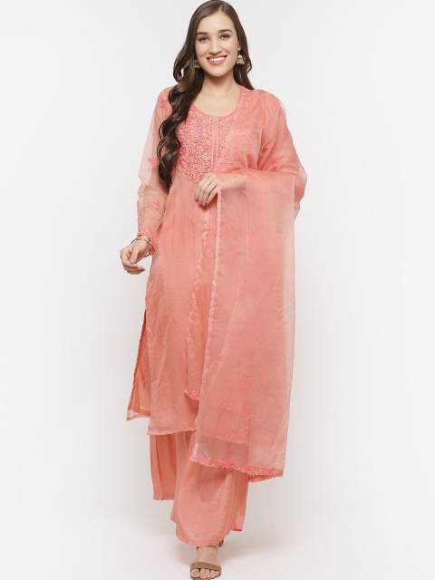 

Biba Peach-Coloured & Gold-Toned Organza Unstitched Dress Material