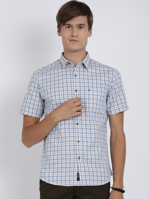 

t-base Men White & Blue Regular Fit Checked Casual Shirt