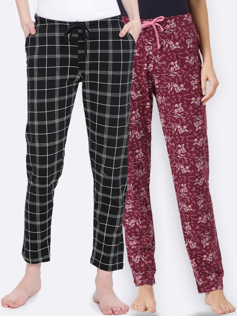 

Kanvin Women Pack of 2 Printed Pure Cotton Lounge Pants, Black