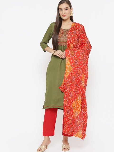 

Biba Olive Green & Red Art Silk Unstitched Dress Material