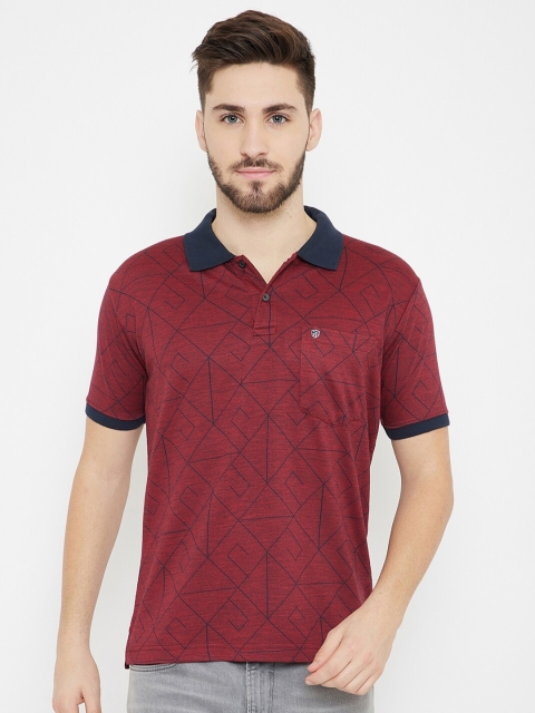 

Duke Men Red & Navy Blue Geometric Print Cotton Polo Collar T-shirt