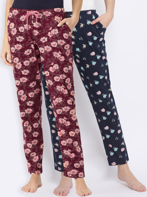 

Kanvin Women Pack Of 2 Printed Pure Cotton Lounge Pants, Navy blue