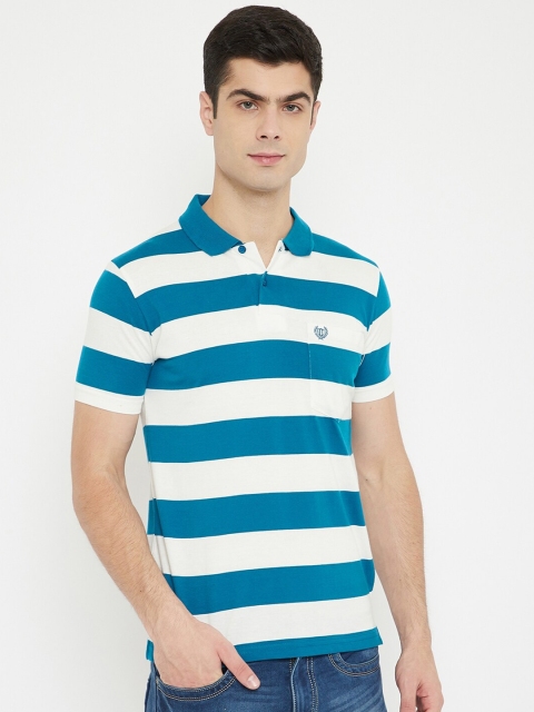 

Duke Men White & Blue Striped Cotton Polo Collar T-shirt