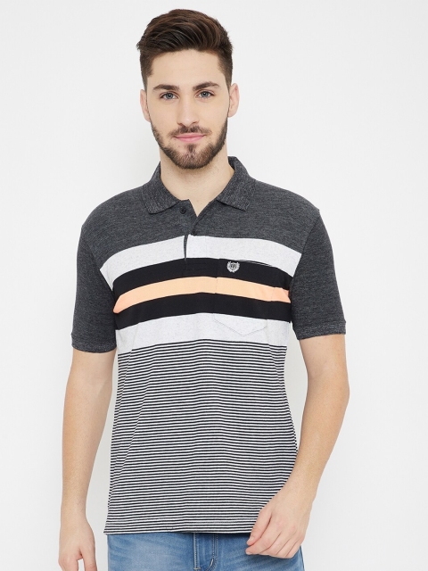 

Duke Men Charcoal Grey & White Striped Cotton Polo Collar T-shirt