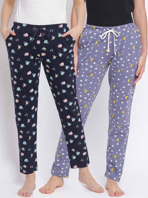 

Kanvin Women Pack Of 2 Printed Pure Cotton Lounge Pants, Navy blue