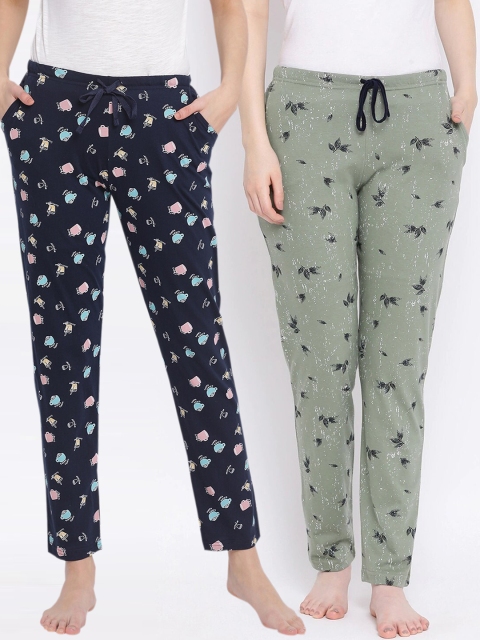 

Kanvin Women Pack Of 2 Printed Pure Cotton Lounge Pants, Navy blue