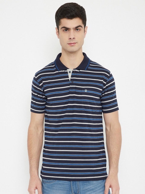 

Duke Men Blue & White Striped Cotton Polo Collar T-shirt
