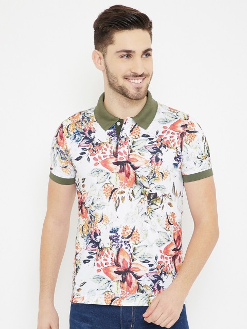 

Duke Men White & Pink Slim-Fit Floral Print Cotton Polo Collar T-shirt
