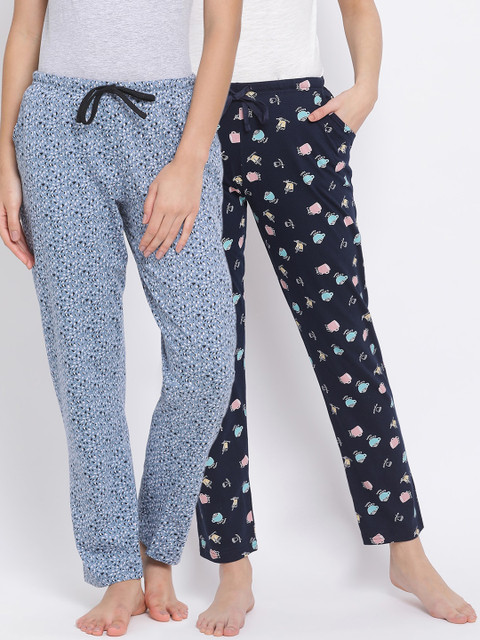 

Kanvin Women Pack Of 2 Printed Pure Cotton Lounge Pants, Navy blue