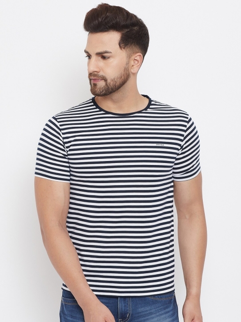 

Okane Men Navy Blue & White Striped Round Neck T-shirt