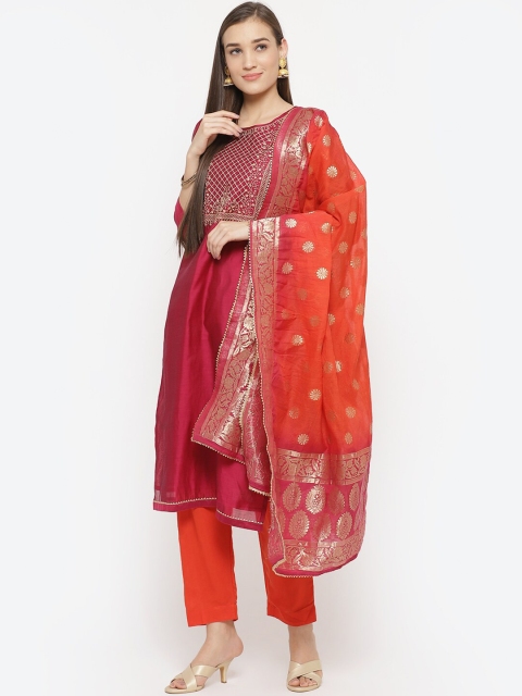 

Biba Magenta & Orange Art Silk Unstitched Dress Material
