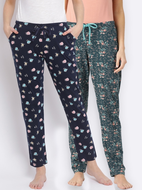 

Kanvin Women Pack of 2 Printed Pure Cotton Lounge Pants, Navy blue