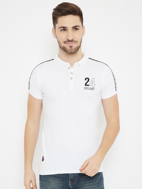 

Duke Men White Solid Slim-Fit Cotton Polo Collar T-shirt with Printed Detail