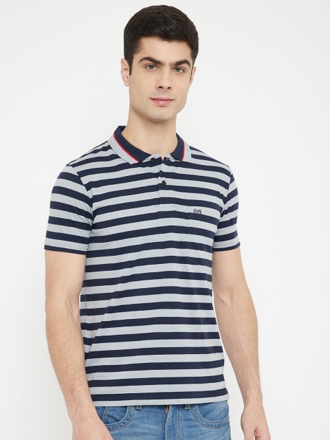 

Duke Men Grey & Navy Blue Striped Slim-Fit Cotton Polo Collar T-shirt