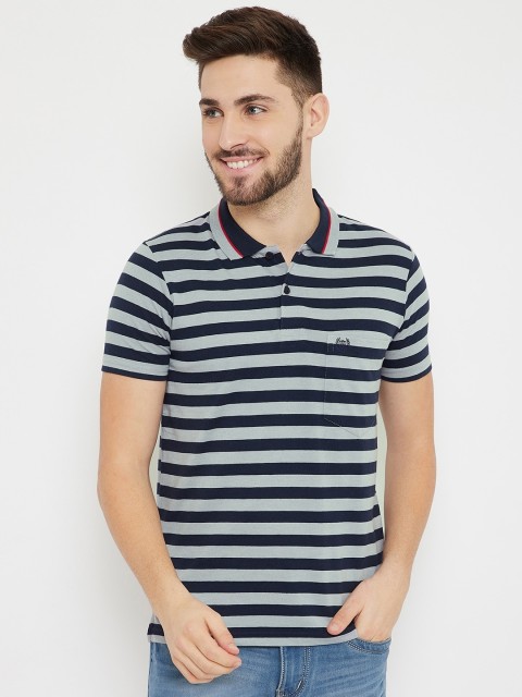 

Duke Men Grey & Blue Striped Cotton Polo Collar T-shirt