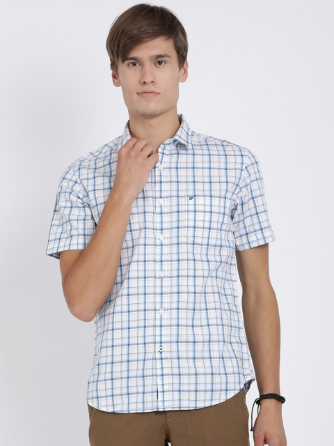 

t-base Men White & Blue Regular Fit Checked Casual Shirt