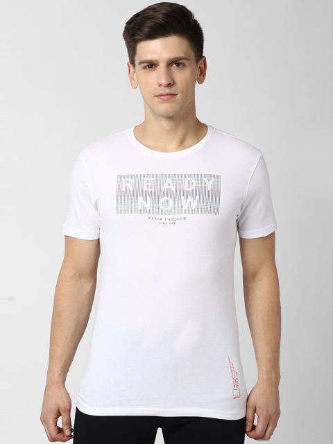 

Peter England Men White & Grey Typography Print Pure Cotton Round Neck T-shirt