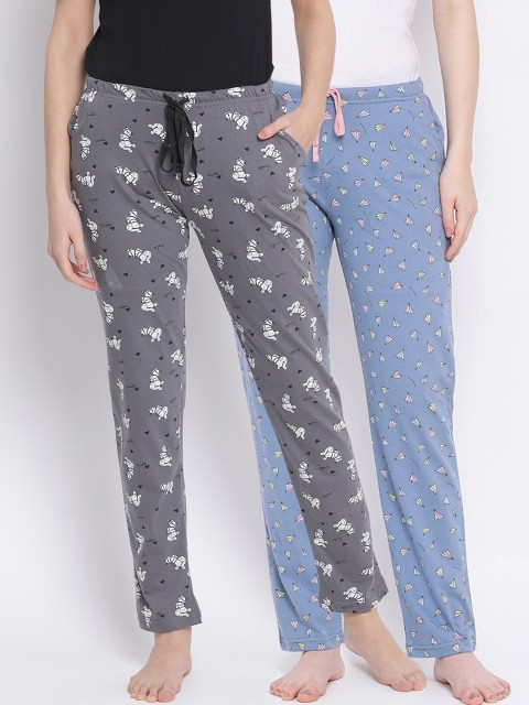 

Kanvin Women Pack Of 2 Printed Pure Cotton Lounge Pants, Grey