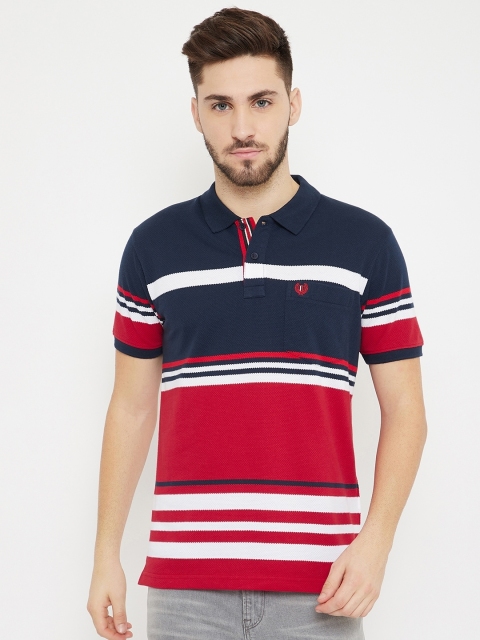 

Duke Men Red & Navy Blue Striped Cotton Polo Collar T-shirt