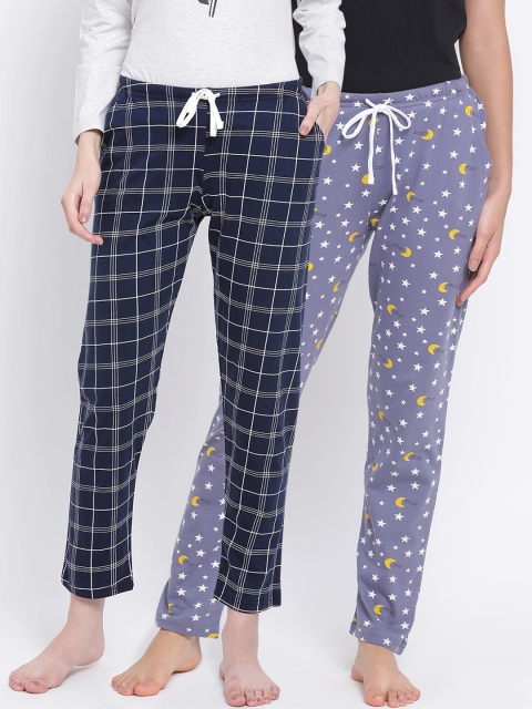 

Kanvin Women Pack of 2 Printed Pure Cotton Lounge Pants, Navy blue