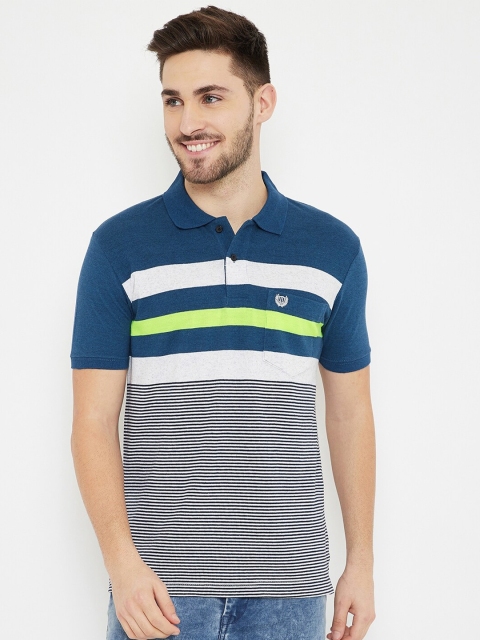 

Duke Men Teal Blue & White Striped Cotton Polo Collar T-shirt