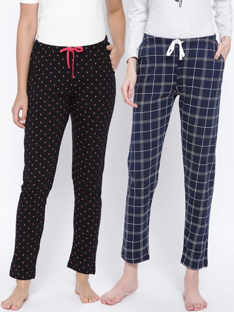 

Kanvin Women Pack Of 2 Printed Pure Cotton Lounge Pants, Navy blue